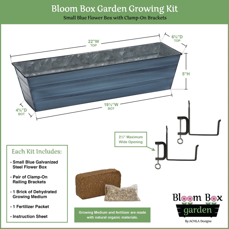 Achla Bloom Box Garden Growing Kit Small Nantucket Blue | Galvanized Steel and Wrought Iron | Deck, Porch & Balcony Container Garden | Model C08NB-RM-GK
