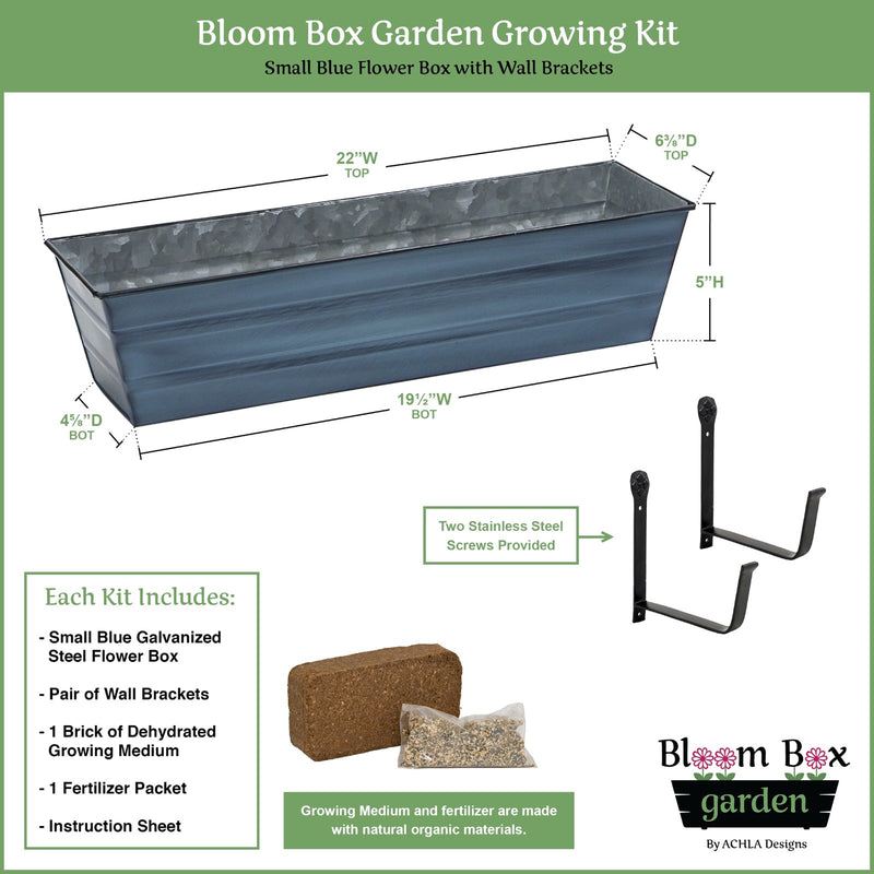Achla Bloom Box Garden Growing Kit Small Nantucket Blue | Galvanized Steel and Wrought Iron | Deck, Porch & Balcony Wall-Mounted | Model C08NB-WM-GK