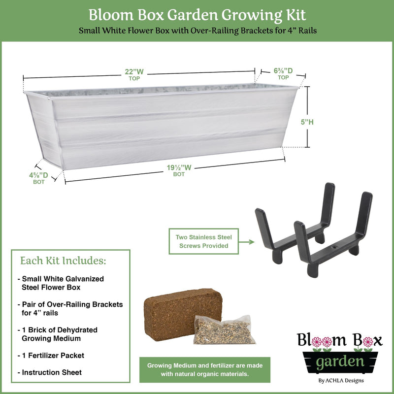 Achla Bloom Box Garden Growing Kit Small White | Galvanized Steel & Wrought Iron | Deck & Balcony Container | Model C08W-K4-GK