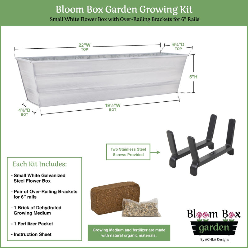 Achla Bloom Box Garden Growing Kit Small White with 2x6 Railing Brackets | Galvanized Steel & Wrought Iron | Deck & Balcony Container | Model C08W-K6-GK