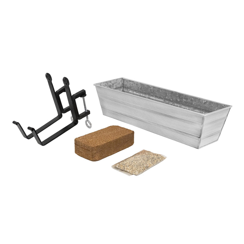 Achla Bloom Box Small White Garden Growing Kit | Galvanized Steel with Clamp-On Brackets | Deck & Railing Container Garden | Model C08W-RM-GK