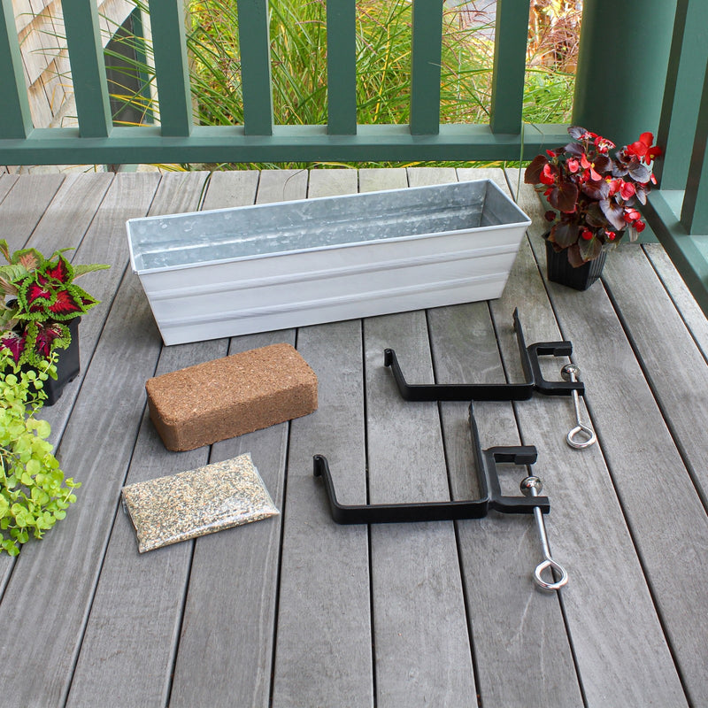 Achla Bloom Box Small White Garden Growing Kit | Galvanized Steel with Clamp-On Brackets | Deck & Railing Container Garden | 22 x 8 x 8 | Model C08W-RM-GK