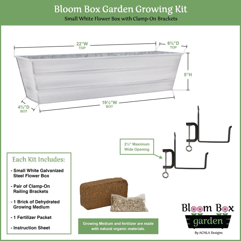 Achla Bloom Box Small White Garden Growing Kit | Galvanized Steel with Clamp-On Brackets | Deck & Railing Container Garden | Model C08W-RM-GK