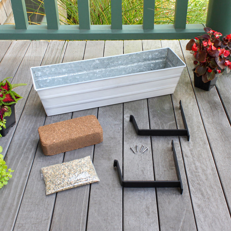 Achla Bloom Box Small White Garden Growing Kit | Galvanized Steel with Wall Brackets | Balcony & Deck Container Garden | Model C08W-WM-GK