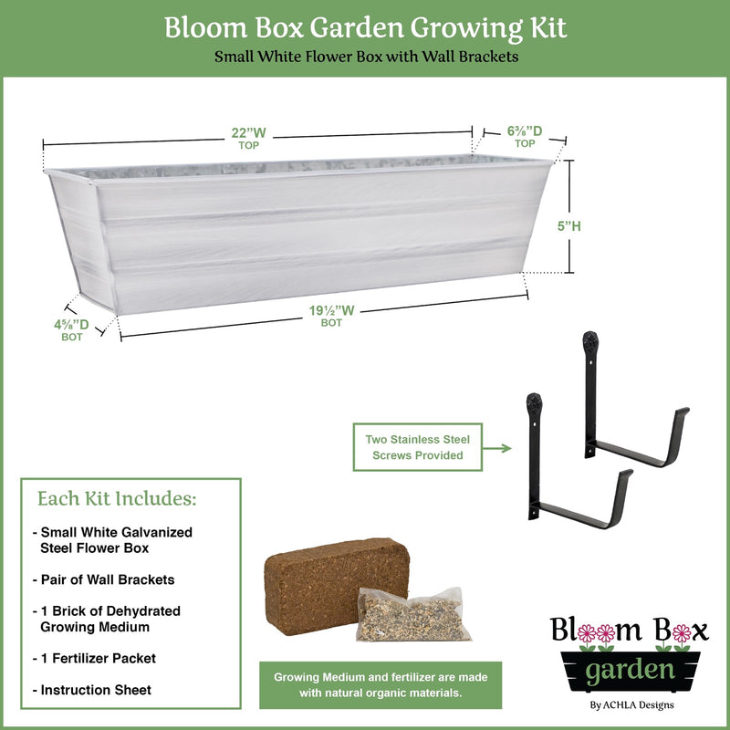 Achla Bloom Box Small White Garden Growing Kit | Galvanized Steel with Wall Brackets | Balcony & Deck Container Garden | Model C08W-WM-GK