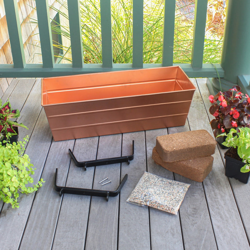 Achla Bloom Box Medium Copper Garden Growing Kit | Galvanized Steel Planter with Wrought Iron Brackets | Deck & Balcony Railing | Model C20C-K6-GK2