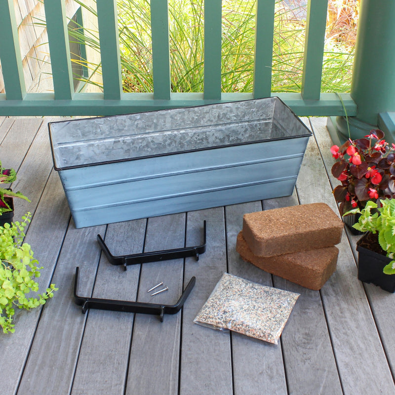 Achla Bloom Box Garden Growing Kit Medium Blue | Galvanized Steel and Wrought Iron | Deck Railing Planter for 2x6 Rails | Model C20NB-K6-GK2