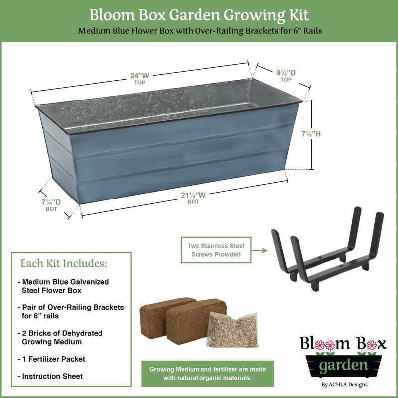 Achla Bloom Box Garden Growing Kit Medium Blue | Galvanized Steel and Wrought Iron | Deck Railing Planter for 2x6 Rails | Model C20NB-K6-GK2