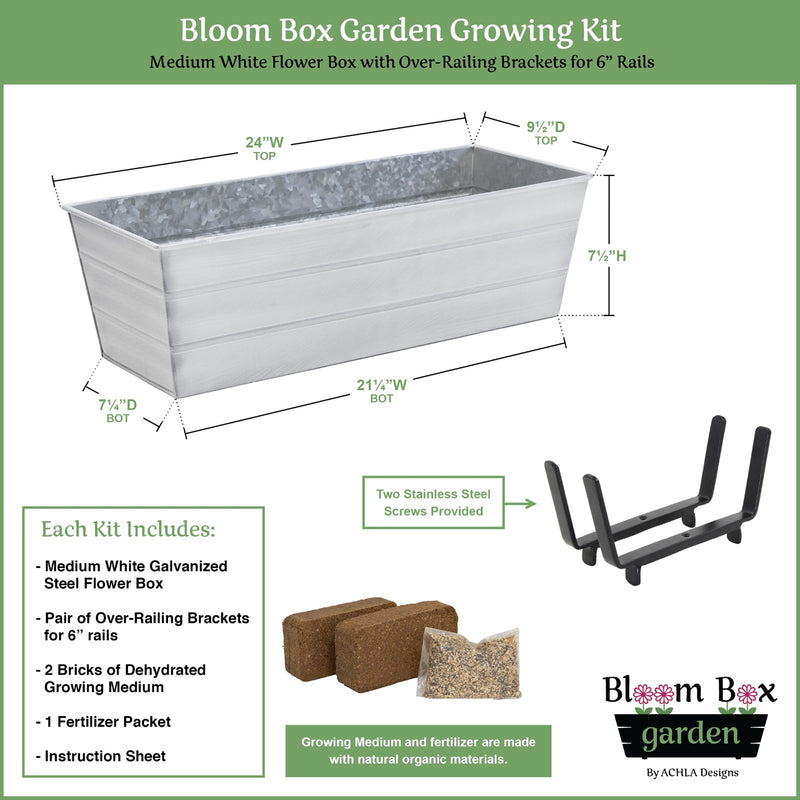 Achla Bloom Box Medium White | Galvanized Steel and Wrought Iron | Deck & Balcony Container Garden | 24 x 9.5 x 8.75 in | Model C20W-K6-GK2