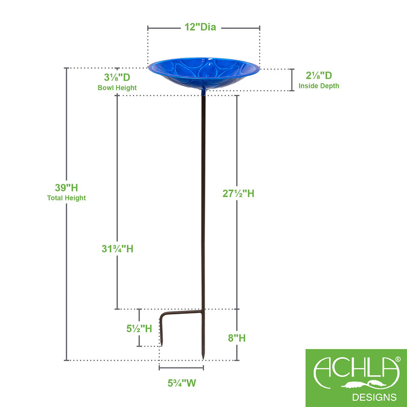 Achla Delphinium Lolly Birdbath with Stake | Solid Brass Enameled Bowl and Wrought Iron Stake | Garden Birdbath for Yard & Lawn | 12 | Model EBB-02BL-S