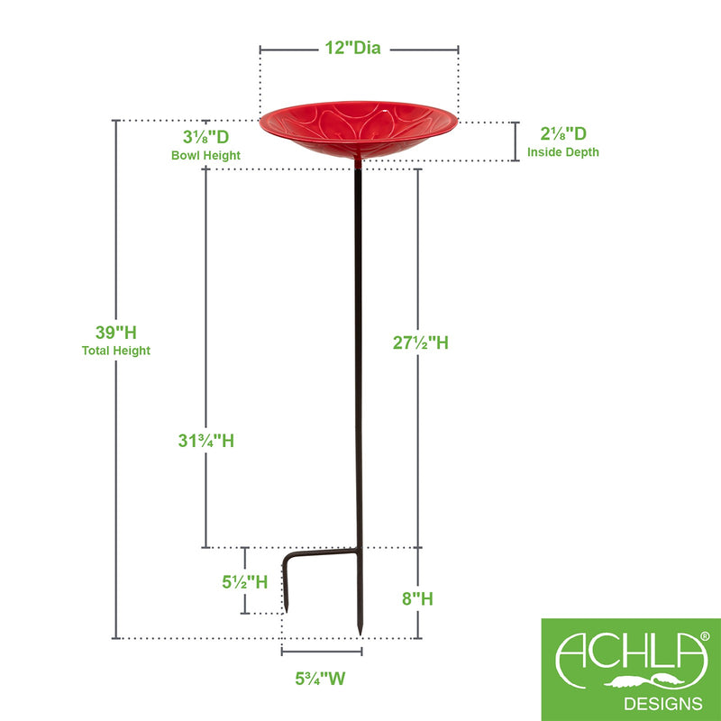 Achla Petunia Lolly 12in Birdbath with Stake | Petunia Pink Glass Enamel on Brass and Wrought Iron | Garden & Patio Bird Bath | Model EBB-02P-S