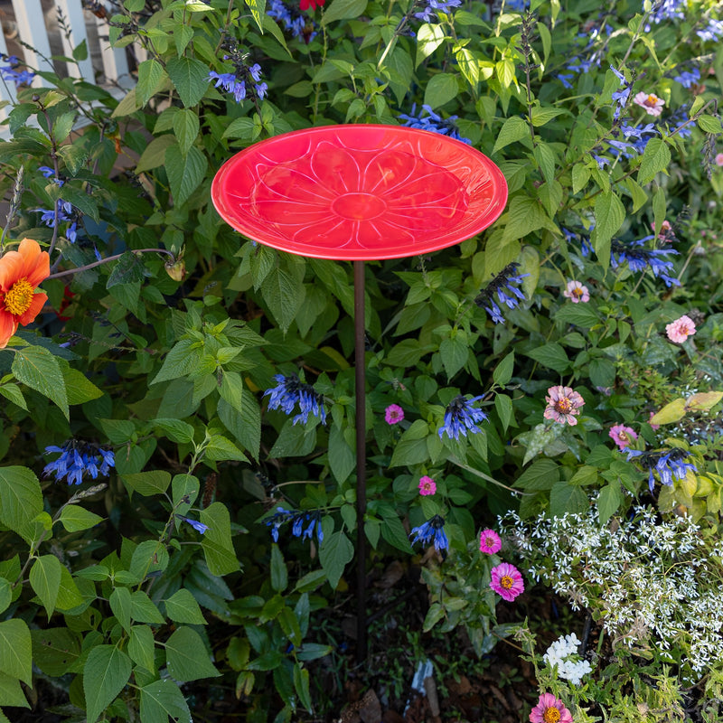Achla Petunia Lolly 12in Birdbath with Stake | Petunia Pink Glass Enamel on Brass and Wrought Iron | Garden & Patio Bird Bath | Model EBB-02P-S