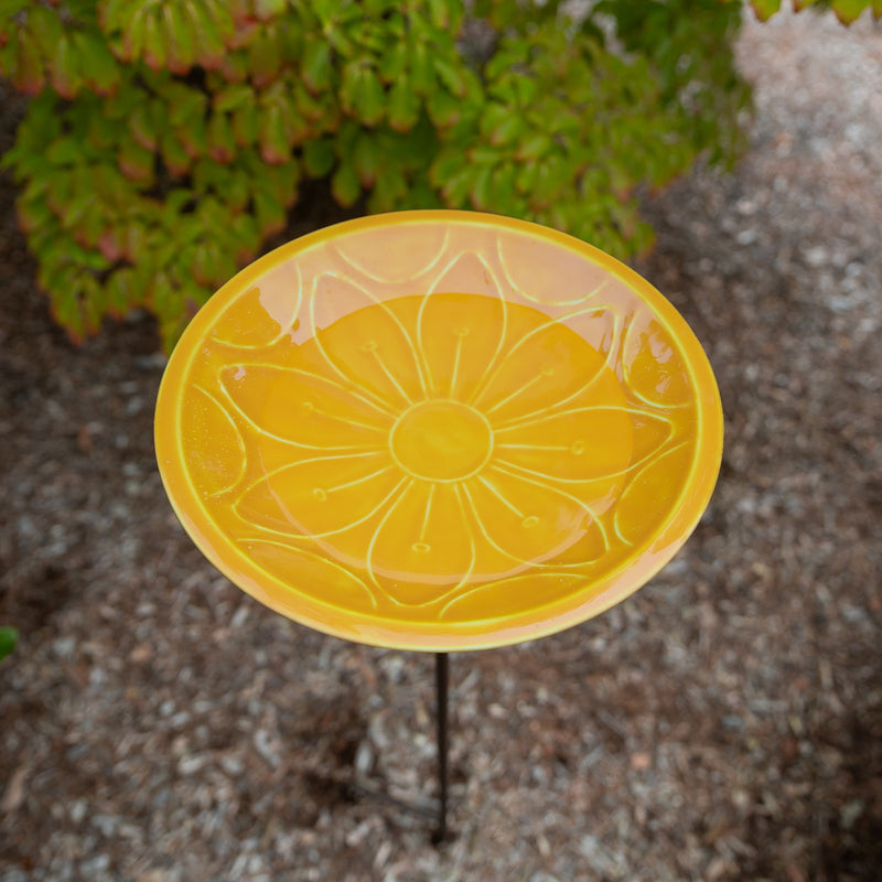 Achla Sunflower Lolly 12in Birdbath with Stake | Sunflower Yellow Glass Enamel on Brass and Wrought Iron | Garden & Patio Bird Bath | 12 | Model EBB-02Y-S