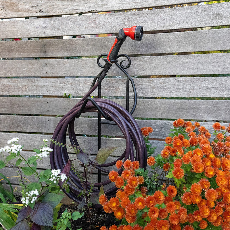 Achla Hose Caddy | Black Wrought Iron Garden Hose Holder & Stake | Small Gardens & Patios | 10 x 36.25 x 10.25 in, Compact | Model HC-05