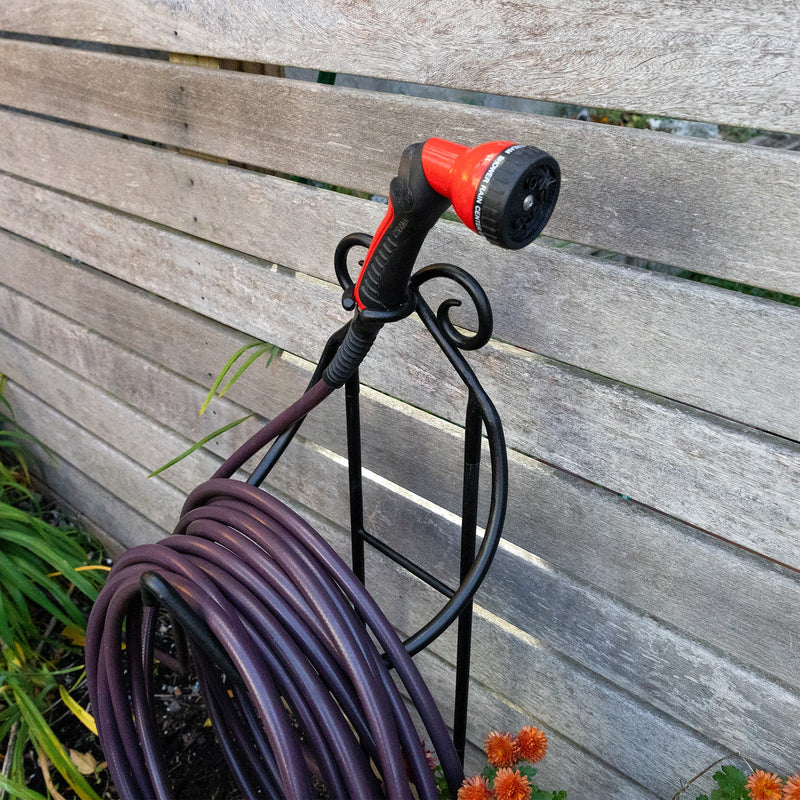 Achla Hose Caddy | Black Wrought Iron Garden Hose Holder & Stake | Small Gardens & Patios | 10 x 36.25 x 10.25 in, Compact | Model HC-05