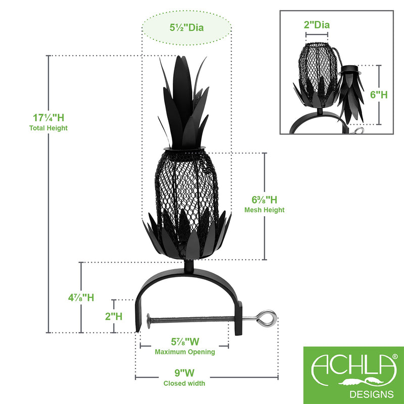 Achla Railing Pineapple Feeder | Steel Wire Mesh Black & Nickel | Deck & Porch Bird Feeder for Sunflower Seeds, Suet, Mealworms | 9 | Model VBF-02-OR