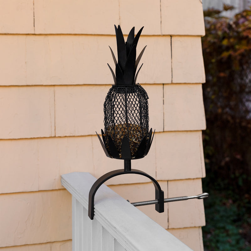 Achla Railing Pineapple Bird Feeder | Steel Wire Mesh Black & Nickel | Deck & Porch Bird Feeder for Sunflower Seeds, Suet | Model VBF-02-OR