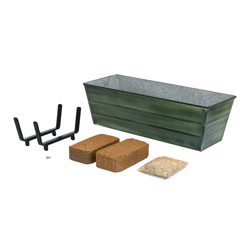 Achla Bloom Box Garden Growing Kit Medium | Green Patina Galvanized Steel & Black Wrought Iron | Deck & Porch Railing Planter | Model VFB-05-K6-GK2