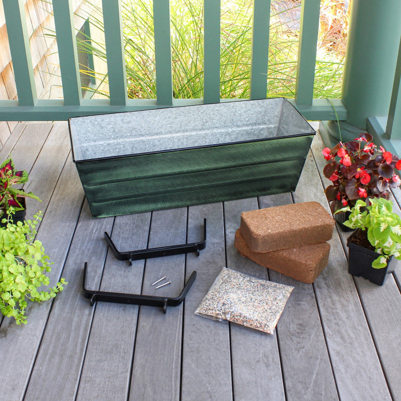 Achla Bloom Box Garden Growing Kit, Medium Green with Brackets for 2x6 Railings | Galvanized Steel Green Patina & Black Wrought Iron | Model VFB-05-K6-GK2