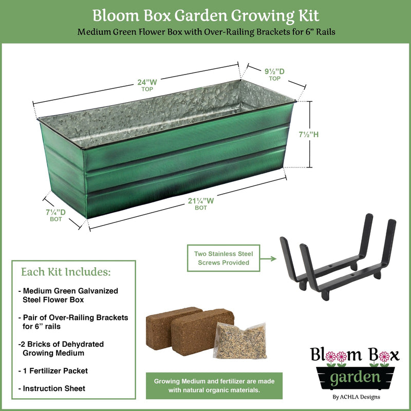 Achla Bloom Box Garden Growing Kit Medium | Green Patina Galvanized Steel & Black Wrought Iron | Deck & Porch Railing Planter | Model VFB-05-K6-GK2