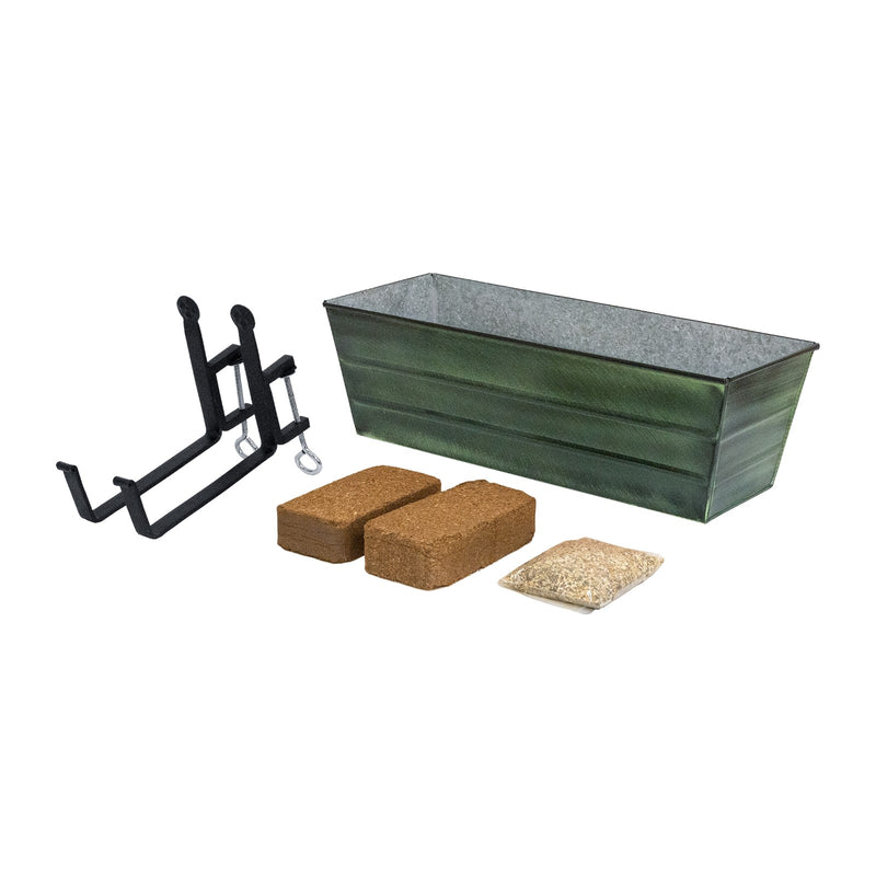 Achla Bloom Box Garden Growing Kit Medium | Green Patina Galvanized Steel and Black Wrought Iron | Deck & Balcony Container | Model VFB-05-RM-GK2
