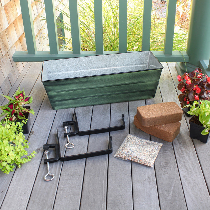 Achla Bloom Box Garden Growing Kit Medium | Green Patina Galvanized Steel and Black Wrought Iron | Deck & Balcony Container | Model VFB-05-RM-GK2