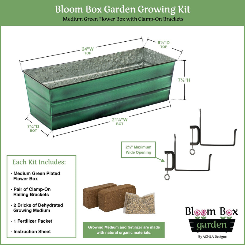 Achla Bloom Box Garden Growing Kit Medium | Green Patina Galvanized Steel and Black Wrought Iron | Deck & Balcony Container | Model VFB-05-RM-GK2