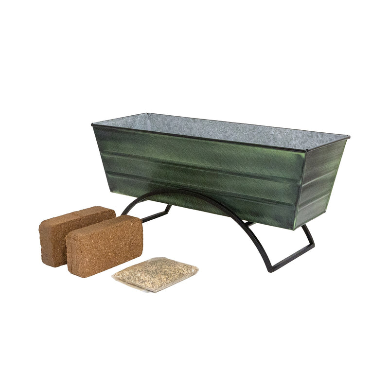 Achla Bloom Box Garden Growing Kit Medium | Green Patina Galvanized Steel and Black Wrought Iron Stand | Deck & Balcony Container | Model VFB-05-S-GK2