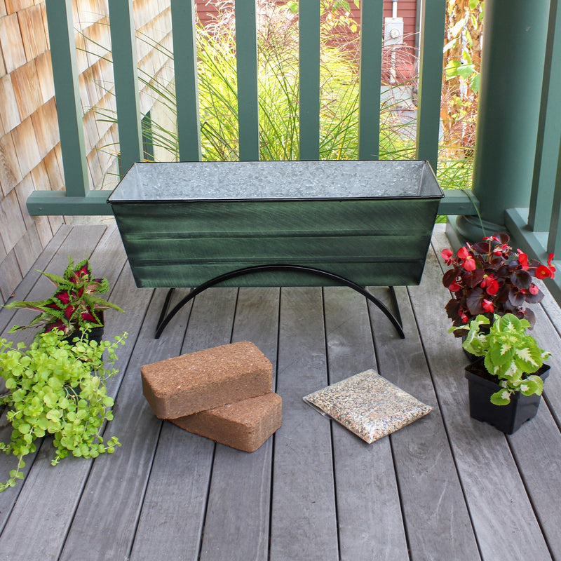 Achla Bloom Box Garden Growing Kit Medium | Green Patina Galvanized Steel and Black Wrought Iron Stand | Deck & Balcony Container | Model VFB-05-S-GK2