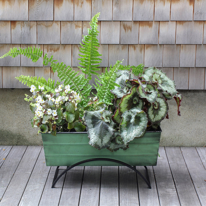 Achla Bloom Box Garden Growing Kit Medium | Green Patina Galvanized Steel and Black Wrought Iron Stand | Deck & Balcony Container | Model VFB-05-S-GK2