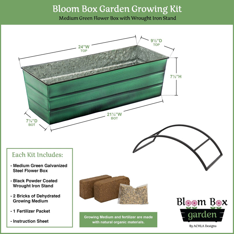 Achla Bloom Box Garden Growing Kit Medium | Green Patina Galvanized Steel and Black Wrought Iron Stand | Deck & Balcony Container | Model VFB-05-S-GK2
