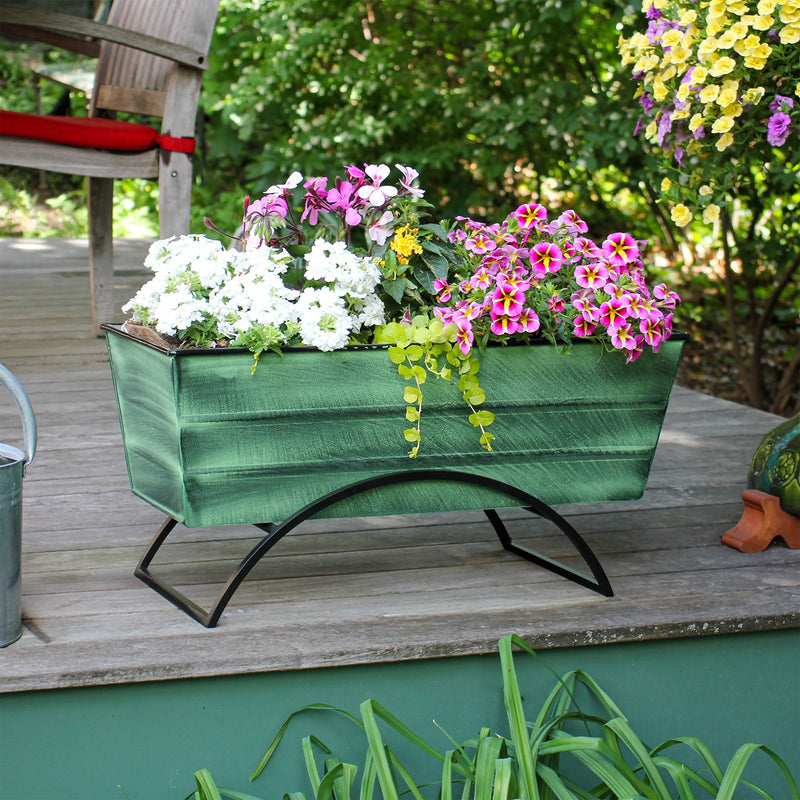 Achla Bloom Box Garden Growing Kit Medium | Green Patina Galvanized Steel and Black Wrought Iron Stand | Deck & Balcony Container | Model VFB-05-S-GK2