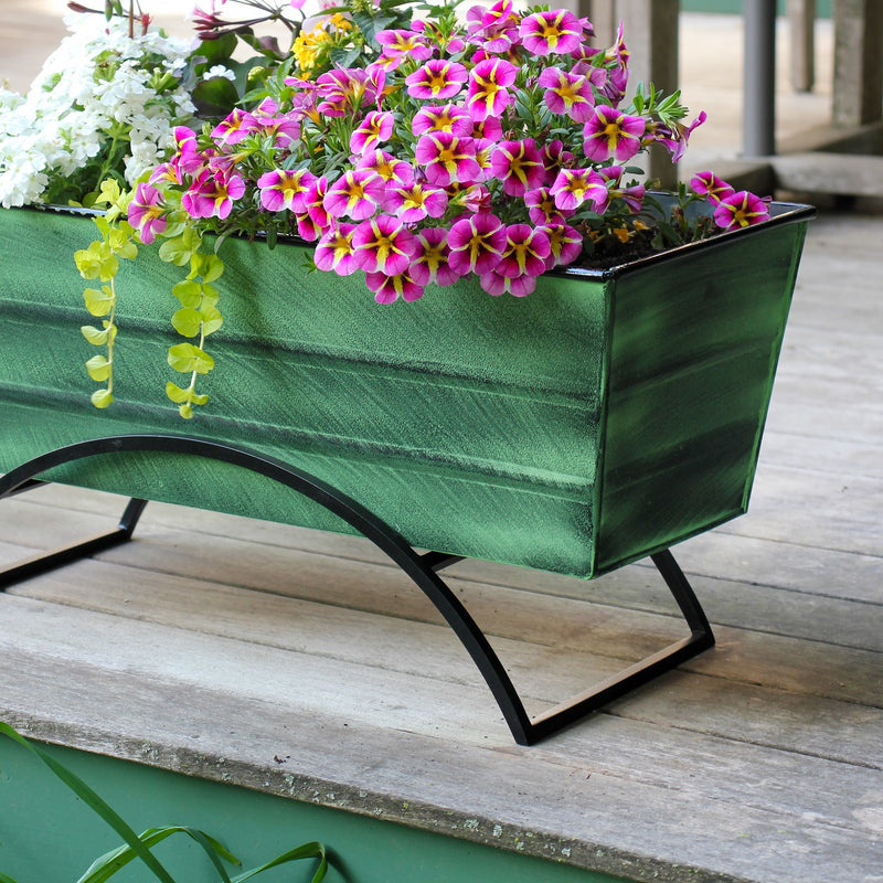 Achla Bloom Box Garden Growing Kit Medium | Green Patina Galvanized Steel and Black Wrought Iron Stand | Deck & Balcony Container | Model VFB-05-S-GK2