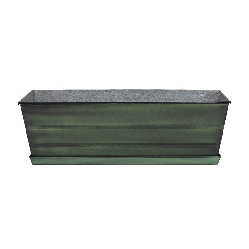 Achla Classic Green Flower Box with Tray Medium | Green Patina Galvanized Steel | Deck & Balcony Container Garden | 24 x 10 x 8 in | Model VFB-05-T