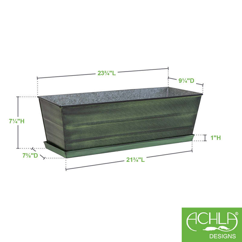 Achla Classic Green Flower Box with Tray Medium | Green Patina Galvanized Steel | Deck & Balcony Container Garden | 24 x 10 x 8 in | Model VFB-05-T