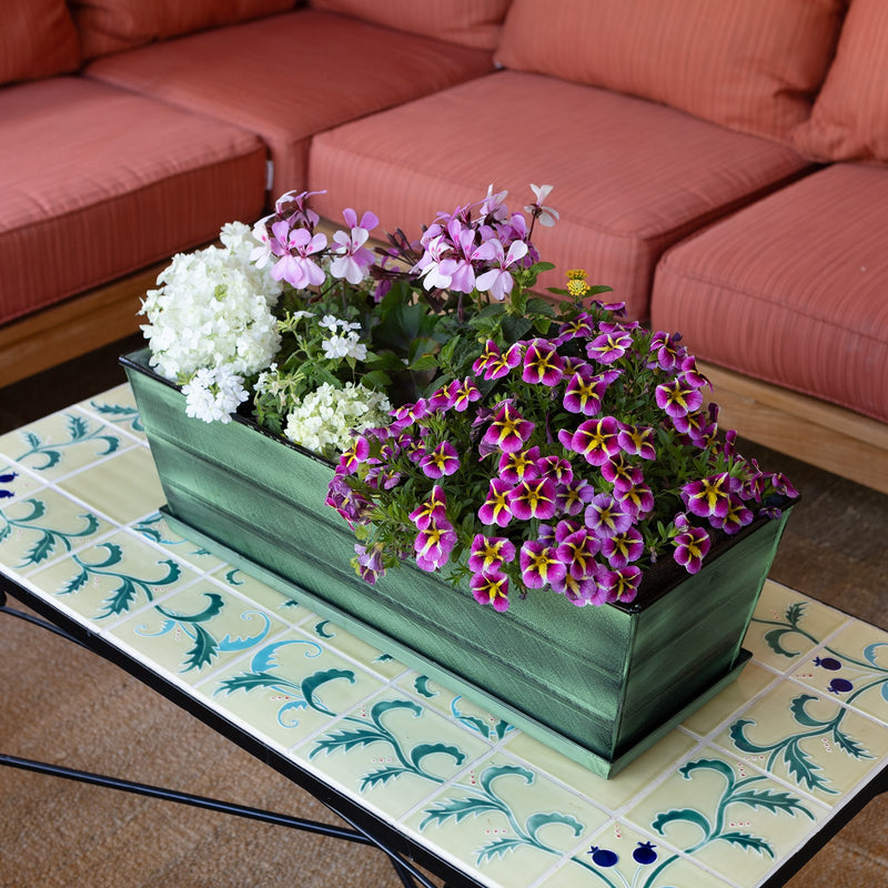 Achla Classic Green Flower Box with Tray Medium | Green Patina Galvanized Steel | Deck & Balcony Container Garden | 24 x 10 x 8 in | Model VFB-05-T