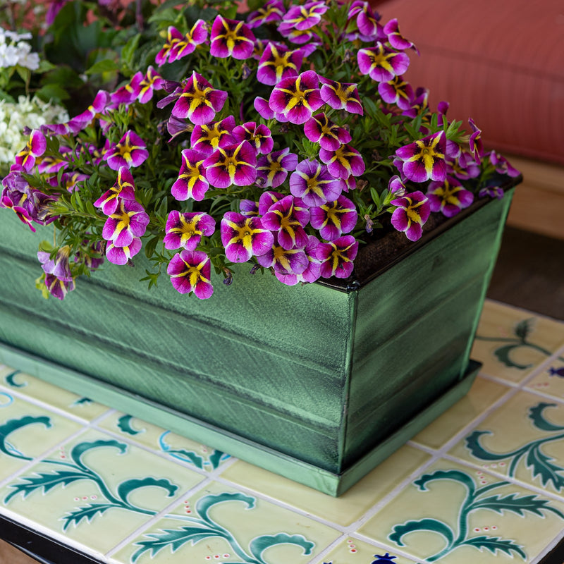 Achla Classic Green Flower Box with Tray Medium | Green Patina Galvanized Steel | Deck & Balcony Container Garden | 24 x 10 x 8 in | Model VFB-05-T