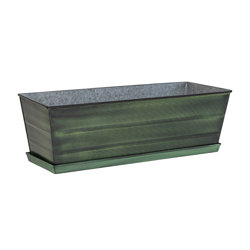 Achla Classic Green Flower Box with Tray Medium | Green Patina Galvanized Steel | Deck & Balcony Container Garden | 24 x 10 x 8 in | Model VFB-05-T