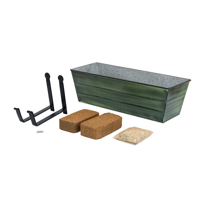 Achla Bloom Box Medium Garden Growing Kit | Green Patina Galvanized Steel and Black Wrought Iron | Deck & Balcony Wall-Mounted | Model VFB-05-WM-GK2