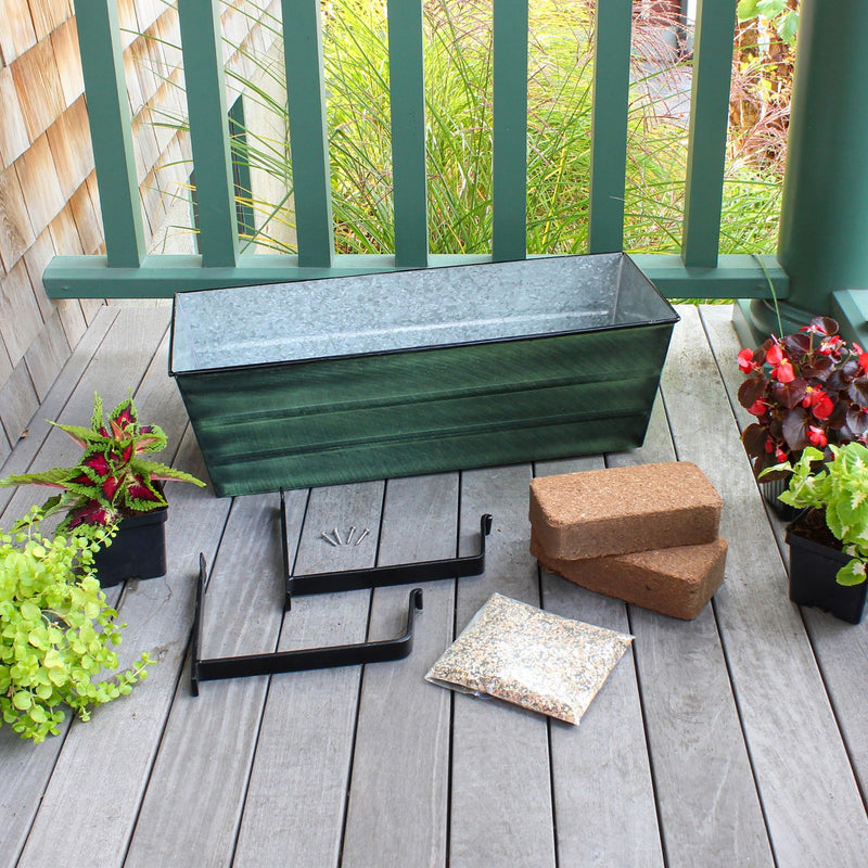 Achla Bloom Box Medium Garden Growing Kit | Green Patina Galvanized Steel and Black Wrought Iron | Deck & Balcony Wall-Mounted | Model VFB-05-WM-GK2