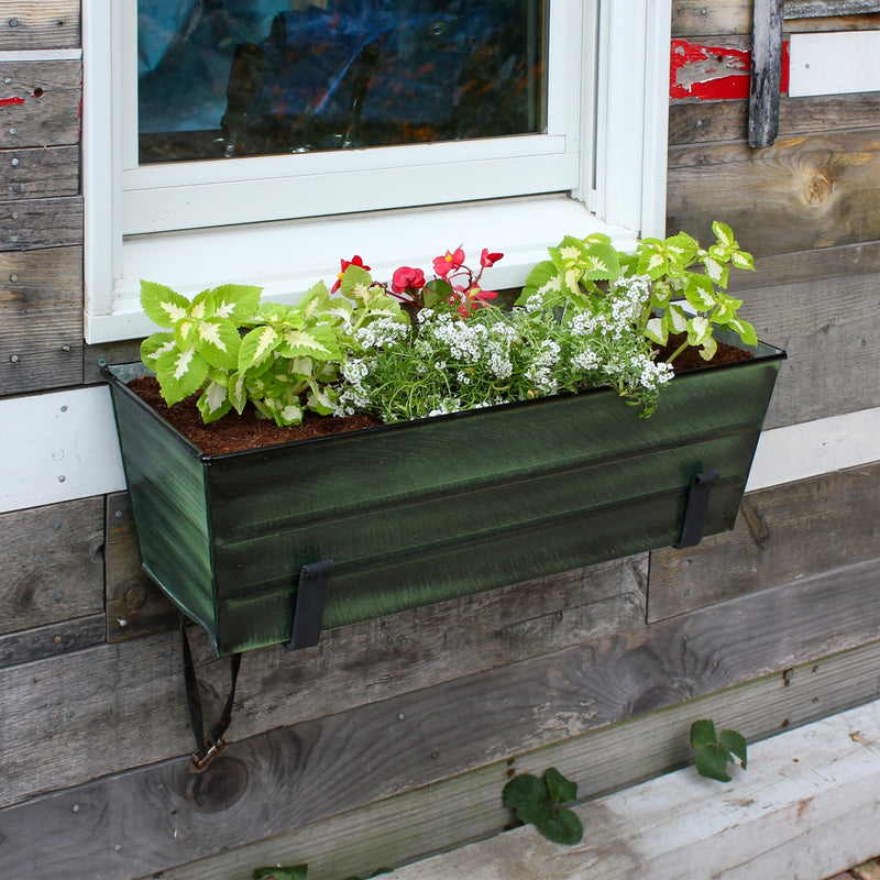 Achla Bloom Box Medium Garden Growing Kit | Green Patina Galvanized Steel and Black Wrought Iron | Deck & Balcony Wall-Mounted | Model VFB-05-WM-GK2