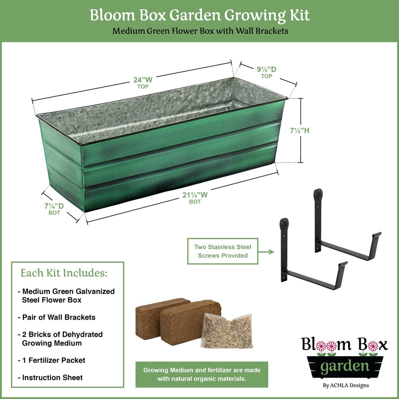 Achla Bloom Box Medium Garden Growing Kit | Green Patina Galvanized Steel and Black Wrought Iron | Deck & Balcony Wall-Mounted | Model VFB-05-WM-GK2