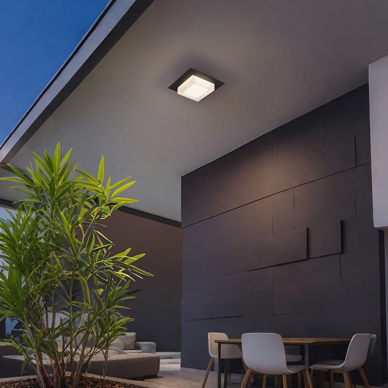 Alteck Foursquare 8in 1-Light LED Outdoor Flush Mount | Contemporary Sand Black Stainless Steel and Etched Acrylic | Model AFM0014-3CCT-W-BK