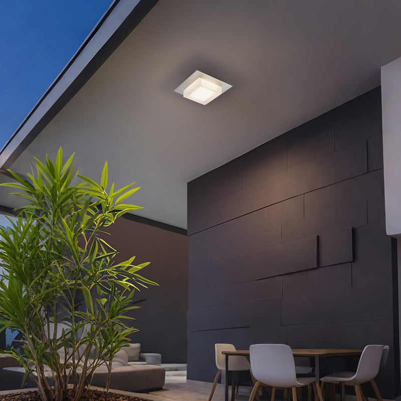 Alteck Foursquare 8in 1-Light Outdoor Flush Mount | Contemporary Brushed Stainless Steel and Etched Acrylic | Covered | Model AFM0014-3CCT-W-BSS