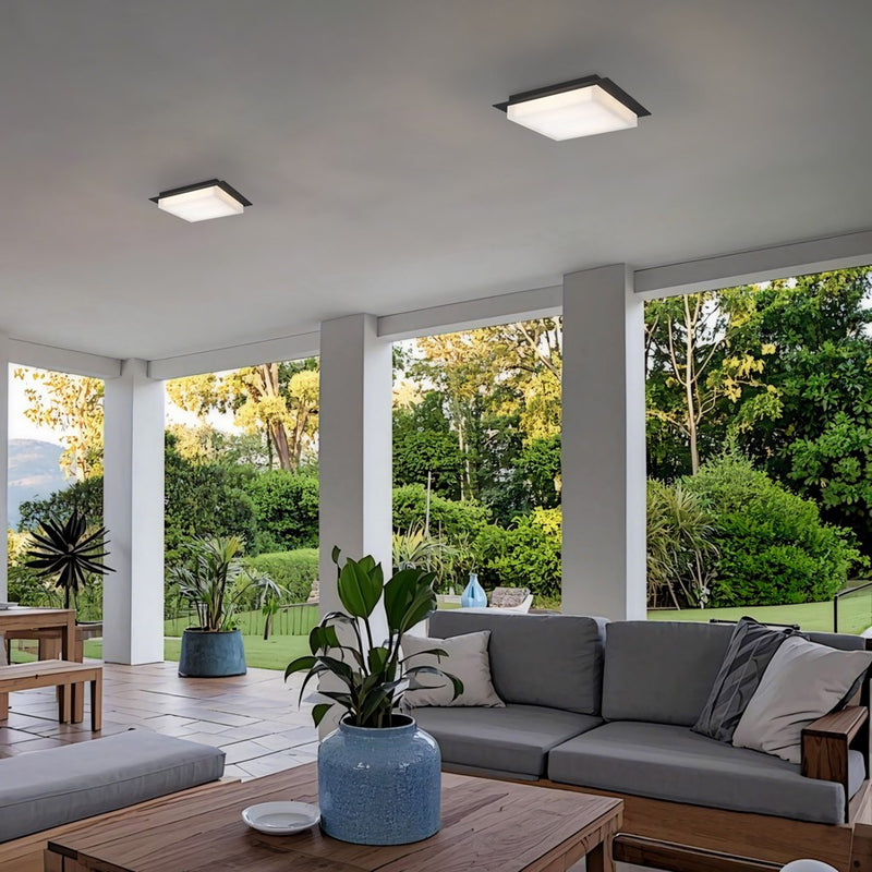 Alteck Foursquare 14in LED Outdoor Flush Mount | Contemporary Sand Black Stainless Steel and Etched Acrylic | Patio | Model AFM0015-3CCT-W-BK