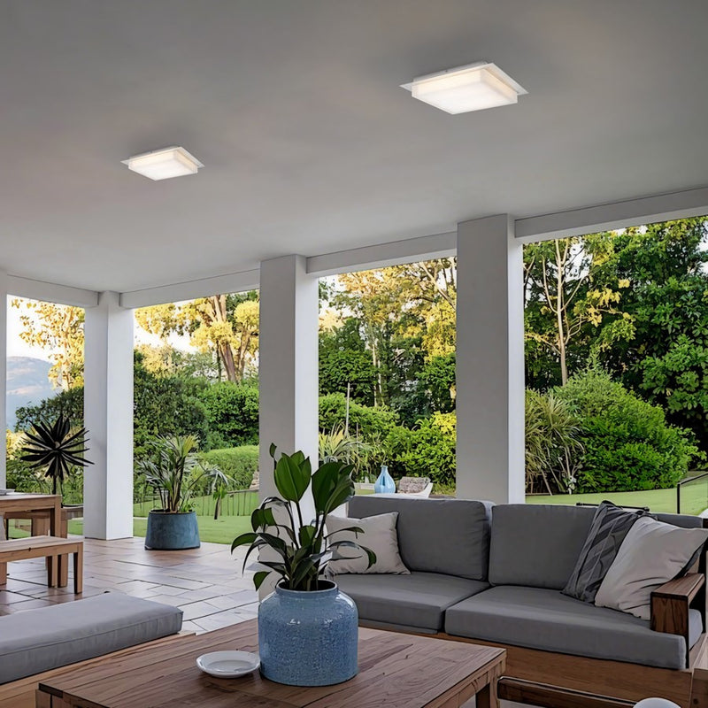 Alteck Foursquare 14in 1-Light LED Outdoor Flush Mount | Contemporary Brushed Stainless Steel and Acrylic | Covered Patio | Model AFM0015-3CCT-W-BSS