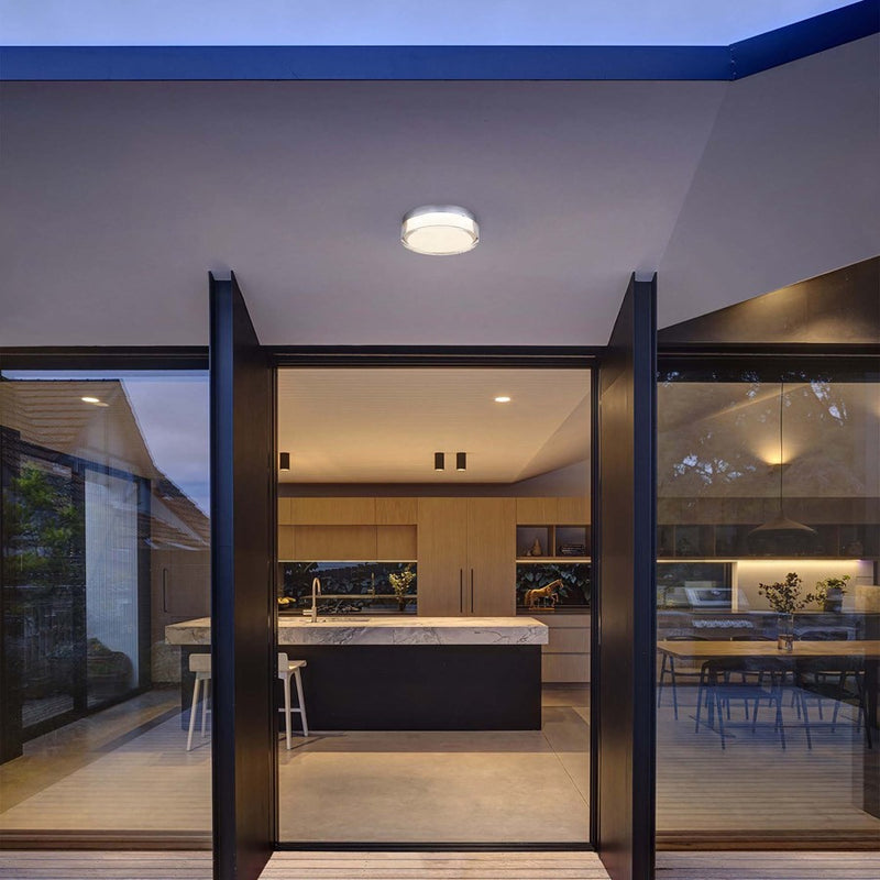 Alteck Sunspot 9in 1-Light Outdoor Flush Mount | Contemporary Brushed Stainless Steel and Clear Acrylic | Entryway | Model AFM0017-3CCT-W-BSS