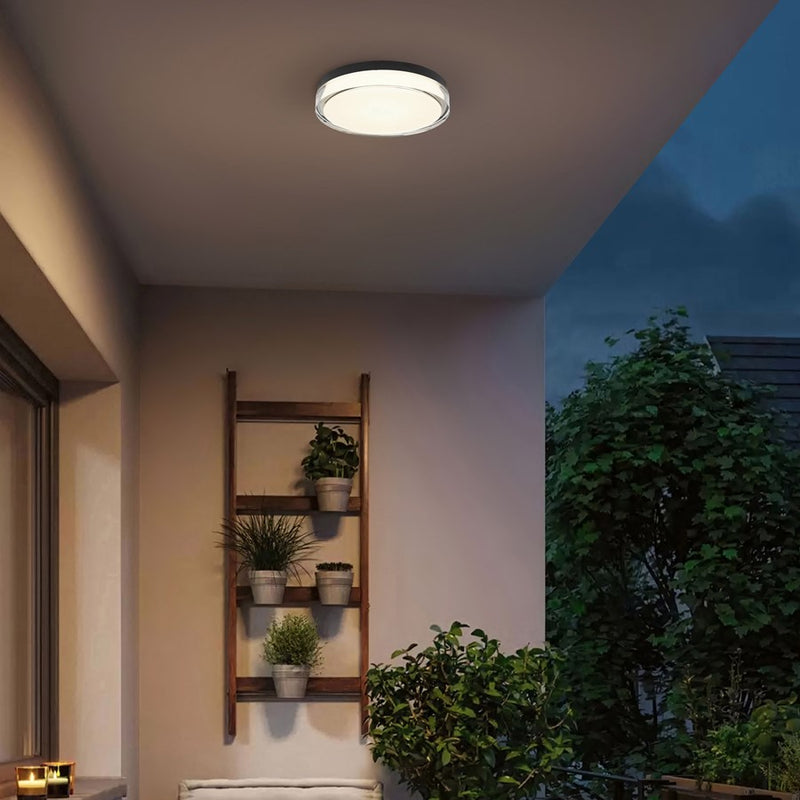 Alteck Sunspot 12in 1-Light Outdoor Flush Mount | Minimalist Sand Black and Frosted Acrylic | Hallway & Covered Patio | Model AFM0018-3CCT-W-BK