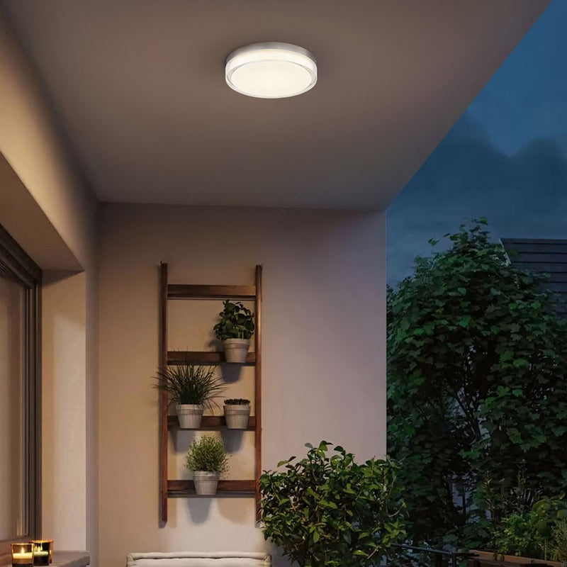 Alteck Sunspot 12in 1-Light LED Outdoor Flush Mount | Contemporary Brushed Stainless Steel and Frosted Acrylic | Entryway | Model AFM0018-3CCT-W-BSS