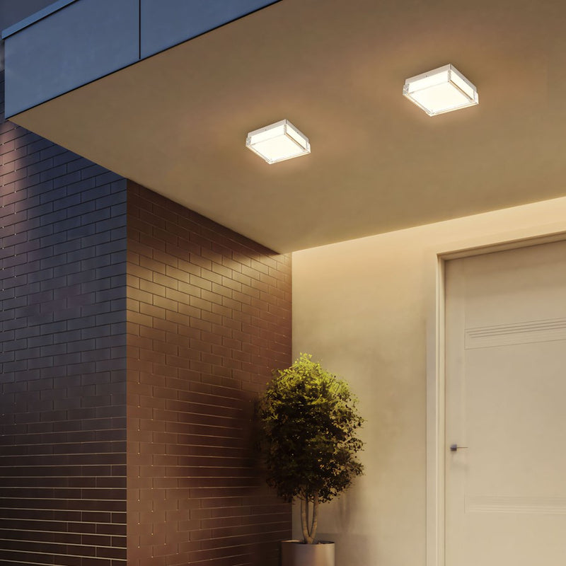 Alteck Box 8in 1-Light Outdoor Flush Mount | Contemporary Brushed Stainless Steel and Clear Acrylic | Entryway & Patio | Model AFM0020-3CCT-W-BSS